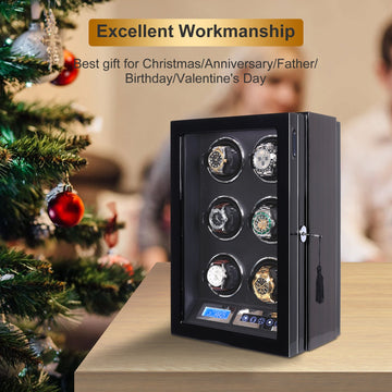 Amalfi Series - 6 Slot Watch Winder | with key lock | Smart LCD touch screen in wood and black leather