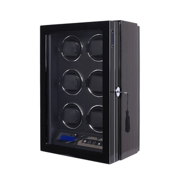 Amalfi Series - 6 Slot Watch Winder | with key lock | Smart LCD touch screen in wood and black leather