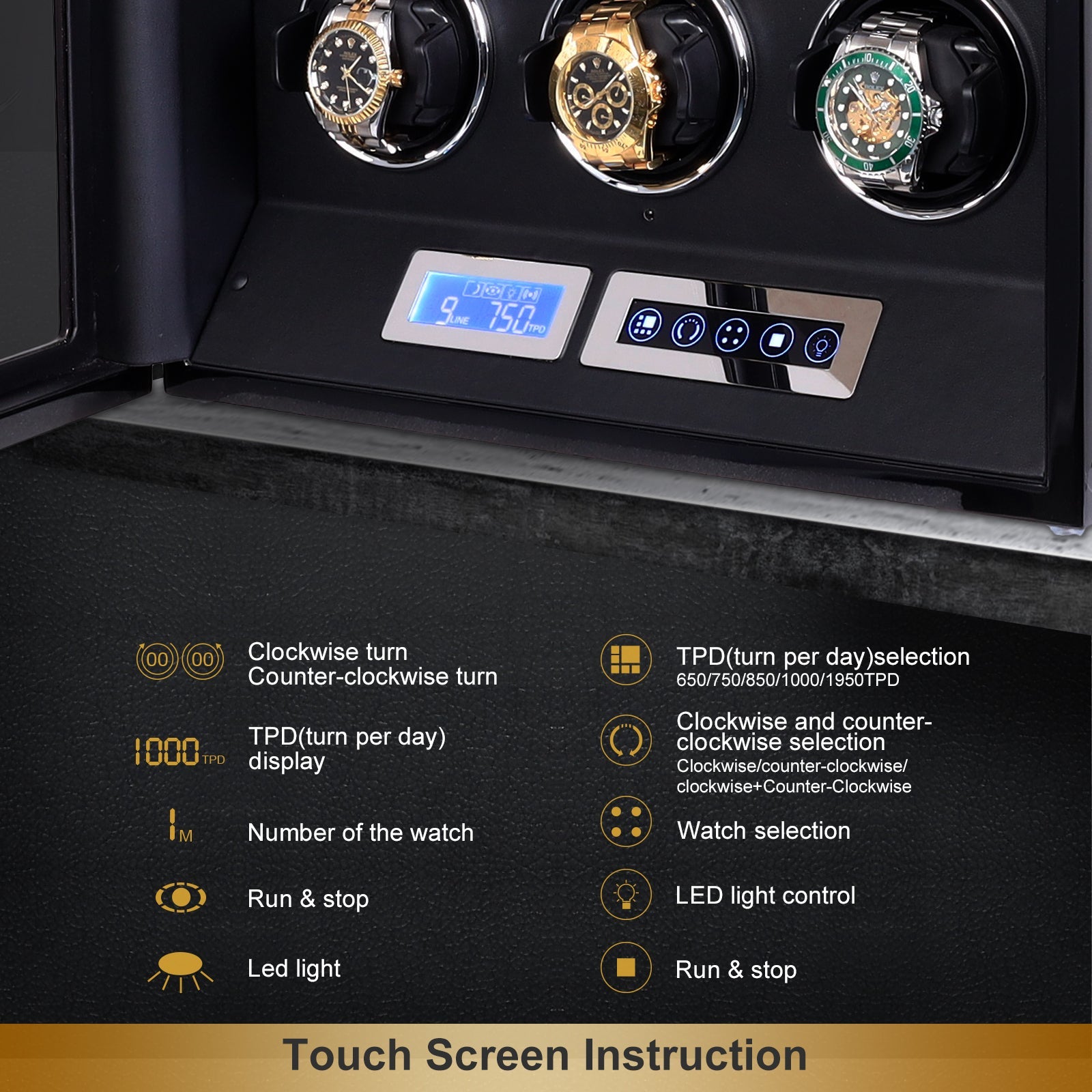 Amalfi Serie - 6 Slot Uhrenbeweger | mit Tastensperre | Smart LCD Touch-Screen in Holz und Schwarzleder - Scirocco Labs