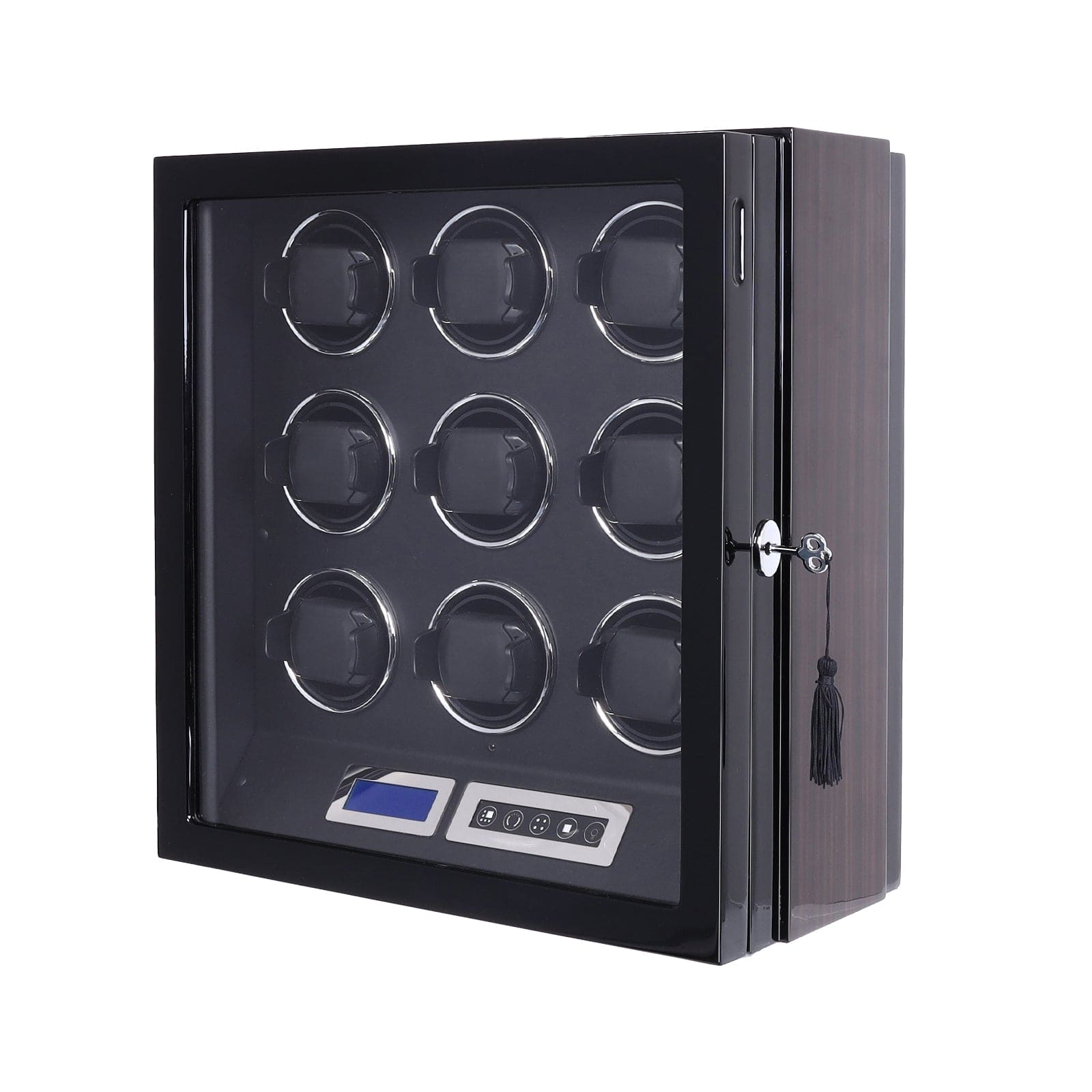 Amalfi Serie - 9 Slot Uhrenbeweger | mit Tastensperre | Smart LCD Touch-Screenin Holz und Schwarzleder - Scirocco Labs