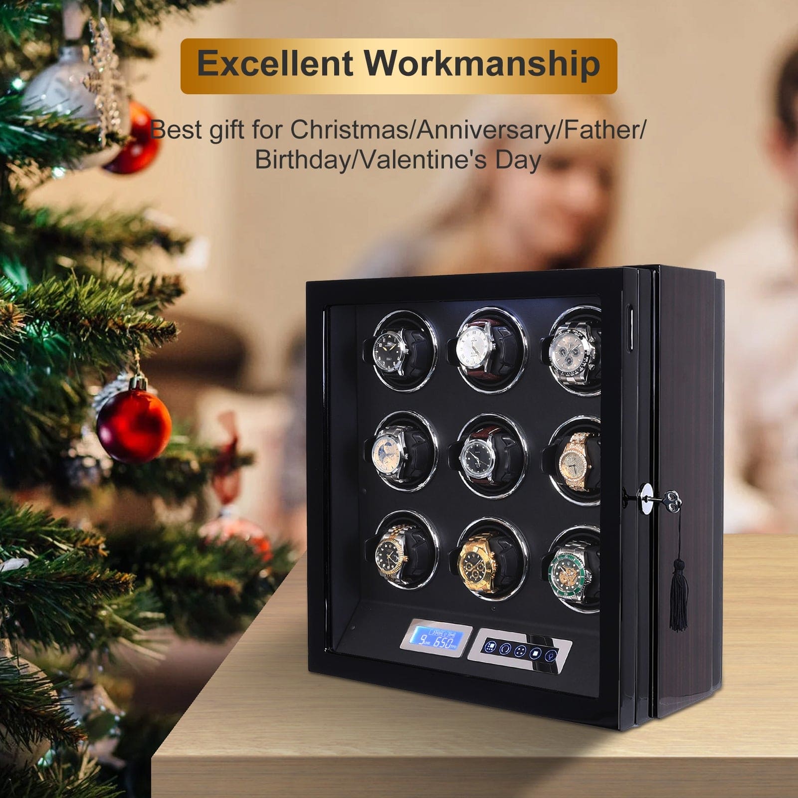 Amalfi Serie - 9 Slot Uhrenbeweger | mit Tastensperre | Smart LCD Touch-Screenin Holz und Schwarzleder - Scirocco Labs