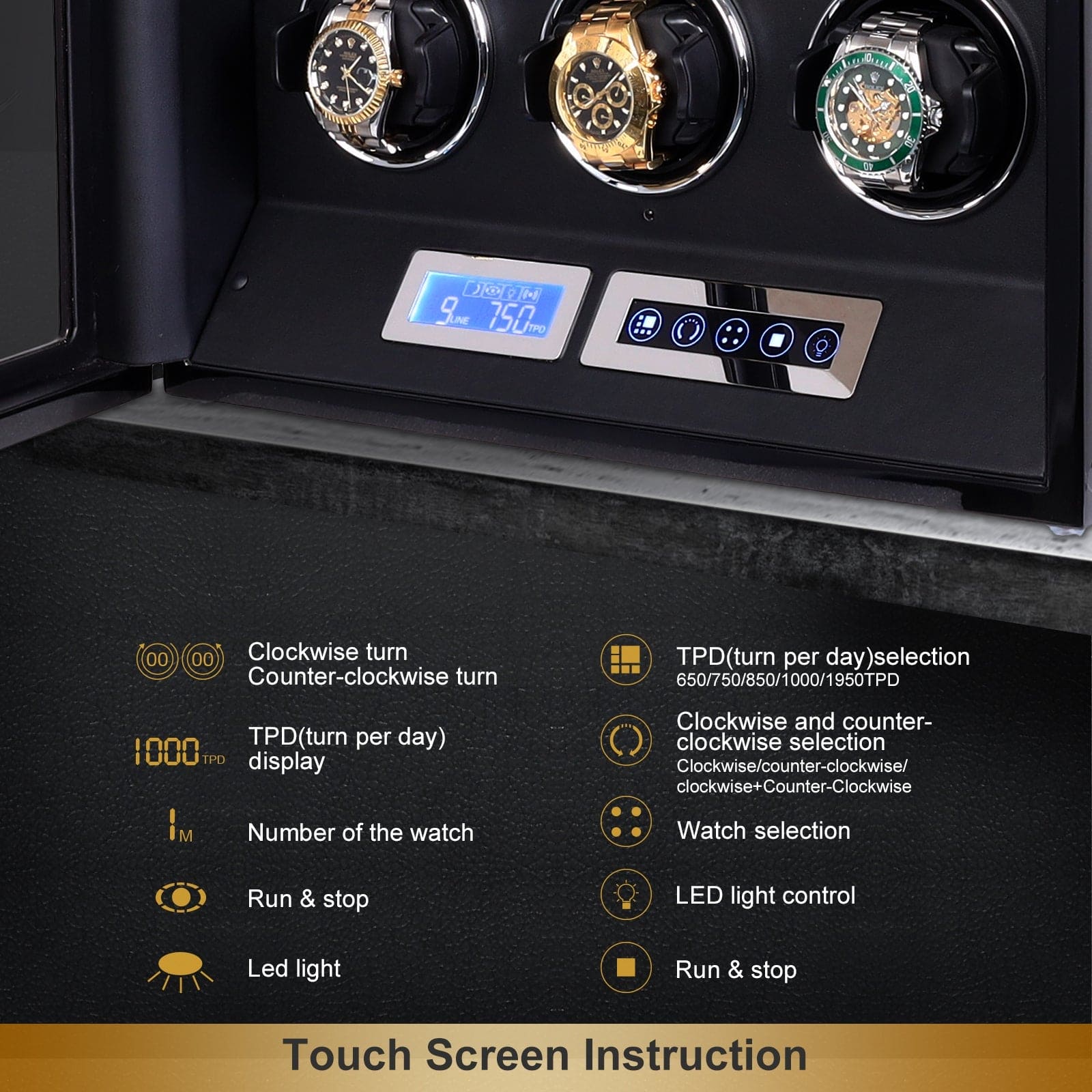 Amalfi Serie - 9 Slot Uhrenbeweger | mit Tastensperre | Smart LCD Touch-Screenin Holz und Schwarzleder - Scirocco Labs