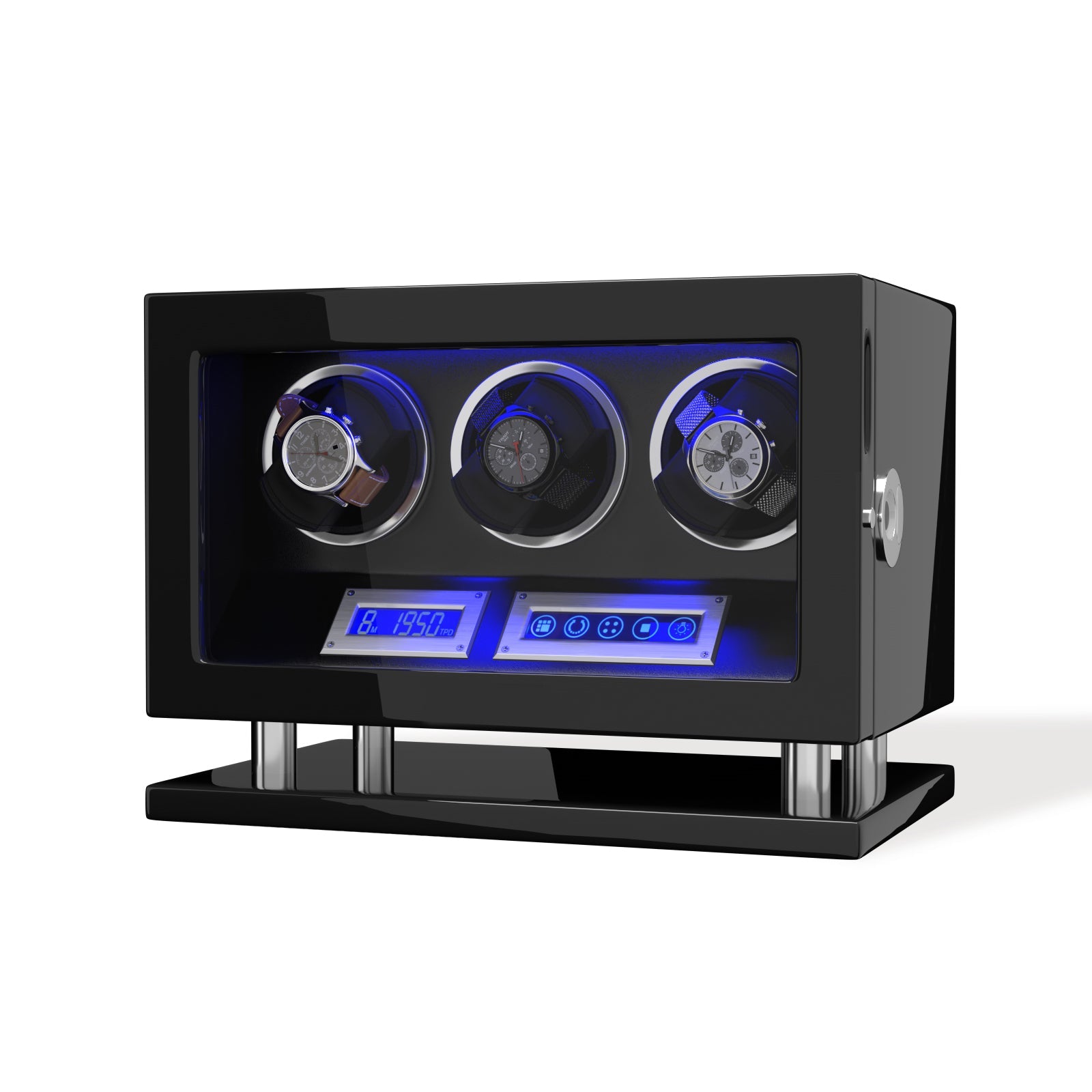 Genius Serie - 3 Slot Uhrenbeweger | mit integrierter Fingerabdruck-Sperre | Smart LCD Touch-Screen | in Schwarz - Scirocco Labs