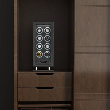 Genius Series - 8 Slot Watch Winder | with integrated fingerprint lock | | in wood and black leather look