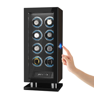 Genius Series - 8 Slot Watch Winder | with integrated fingerprint lock | | in wood and black leather look