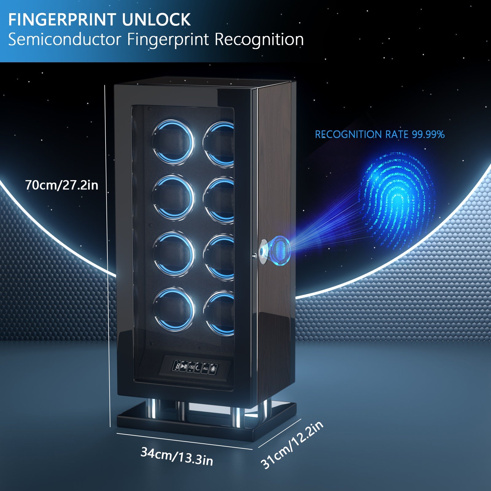 Genius Serie - 8 Slot Uhrenbeweger | mit integrierter Fingerabdruck-Sperre | in Holz und Schwarzlederoptik - Scirocco Labs